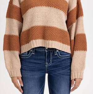 NEW MISS ME crochet striped sweater in rust brown